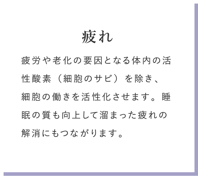 疲れ 疲労や老化の要因となる体内の活性酸素(細胞のサビ)を除き、細胞の働きを活性化させます。睡眠の質も向上して溜まった疲れの解消にもつながります。