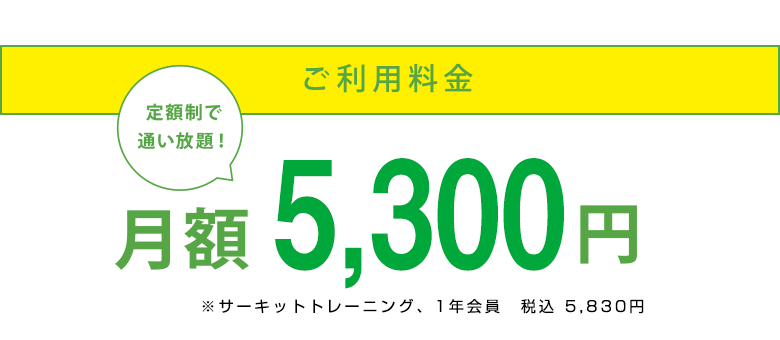 定額制で通い放題！　月額5,300円／月（税込 5,830円／月）　※サーキットトレーニング、1年会員、税別